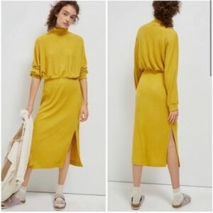 Anthro Saturday Sunday Mustard Yellow Ribbed Mock Neck Midi Sweater Dress XS